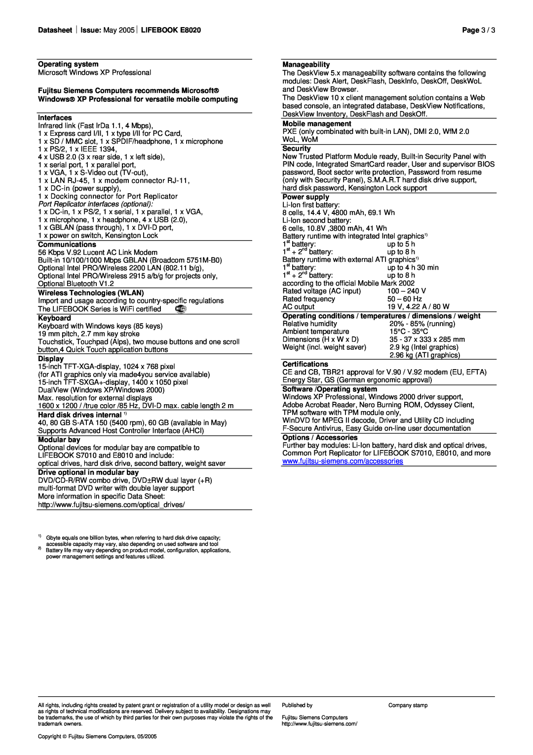 Fujitsu manual Datasheet Issue May 2005 LIFEBOOK E8020 Operating system 