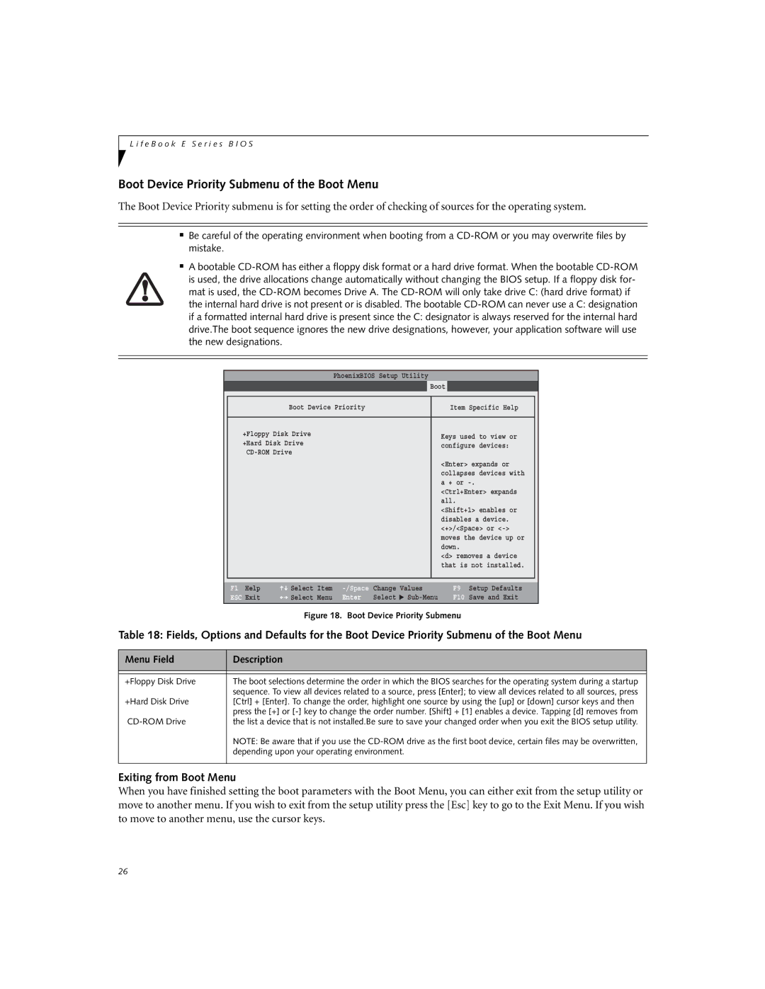 Fujitsu E8020D manual Boot Device Priority Submenu of the Boot Menu, Exiting from Boot Menu 