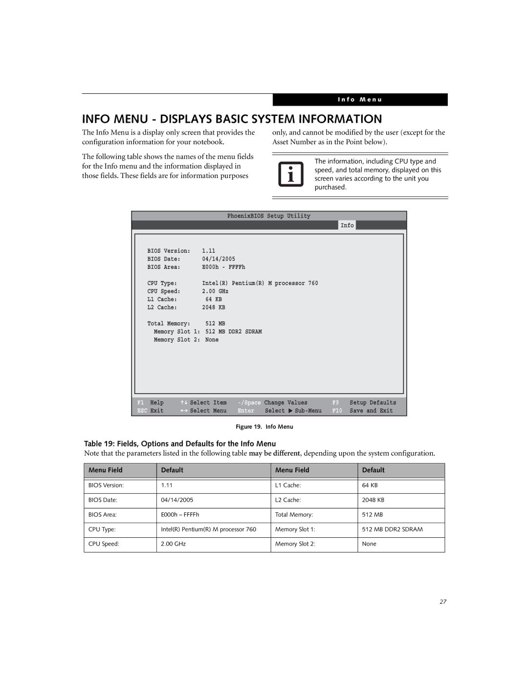 Fujitsu E8020D manual Info Menu Displays Basic System Information, Fields, Options and Defaults for the Info Menu 