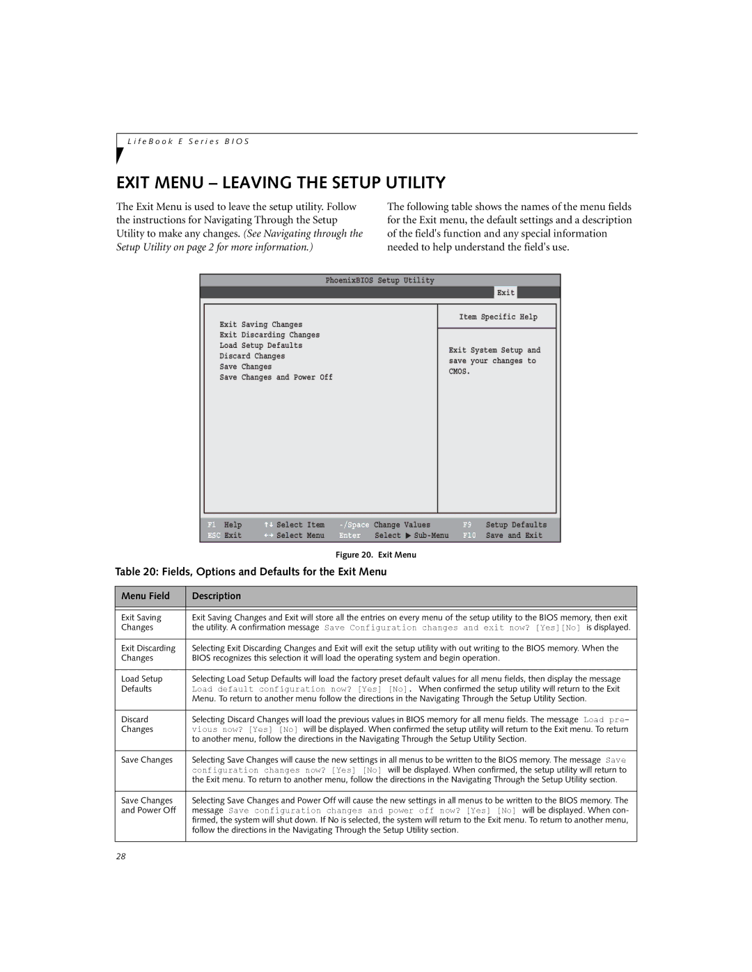 Fujitsu E8020D Exit Menu Leaving the Setup Utility, Fields, Options and Defaults for the Exit Menu, Exit Saving, Changes 