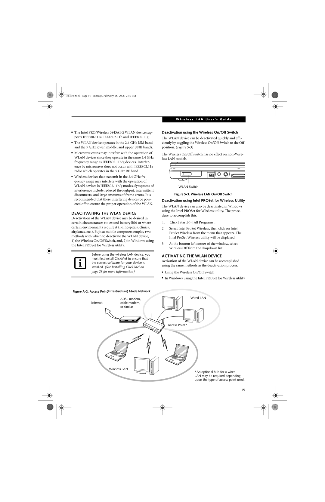 Fujitsu E8110 Deactivating the Wlan Device, Activating the Wlan Device, Deactivation using the Wireless On/Off Switch 