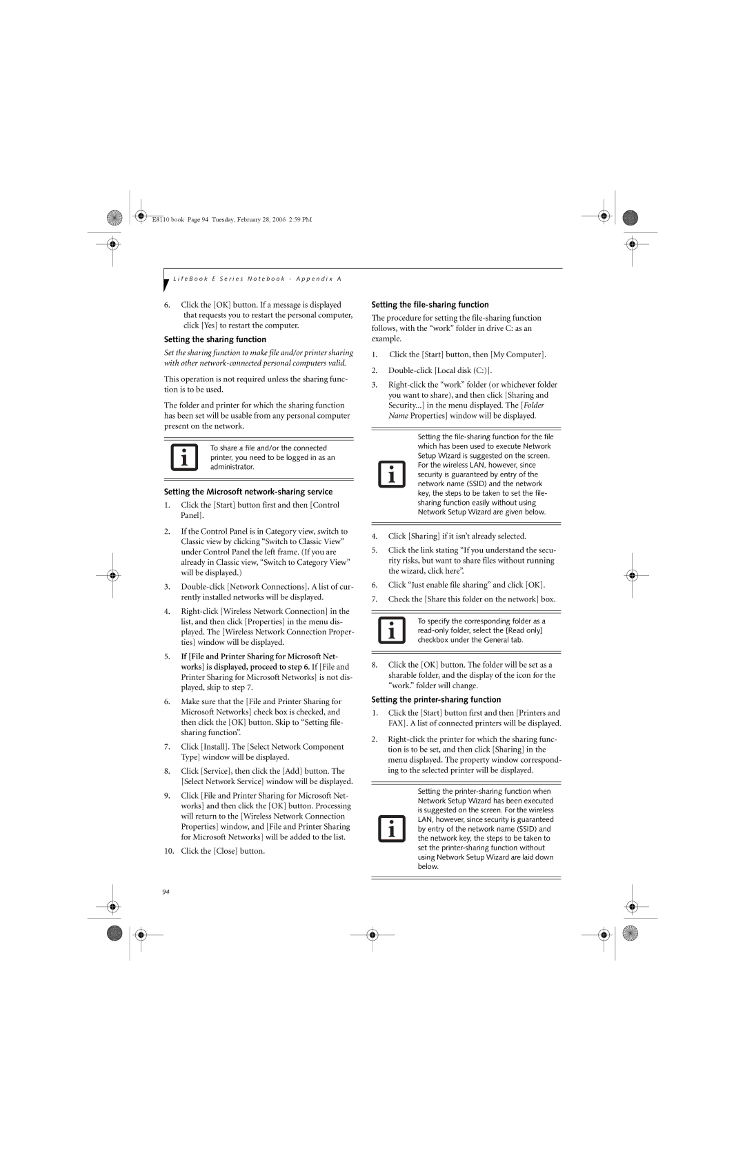 Fujitsu E8110 manual Setting the sharing function, Setting the Microsoft network-sharing service 