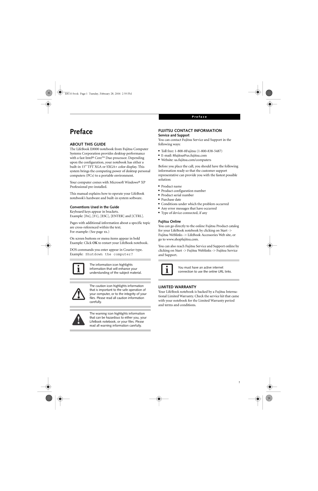 Fujitsu E8110 manual Preface, About this Guide, Fujitsu Contact Information, Limited Warranty 