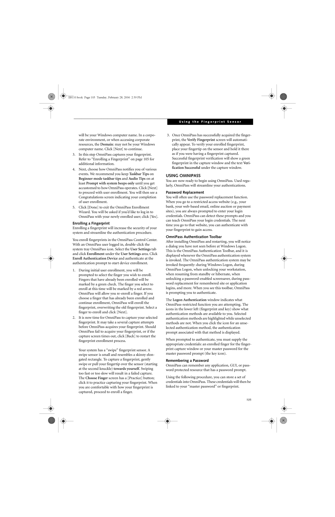 Fujitsu E8110 manual Using Omnipass, Enrolling a Fingerprint, Password Replacement, OmniPass Authentication Toolbar 