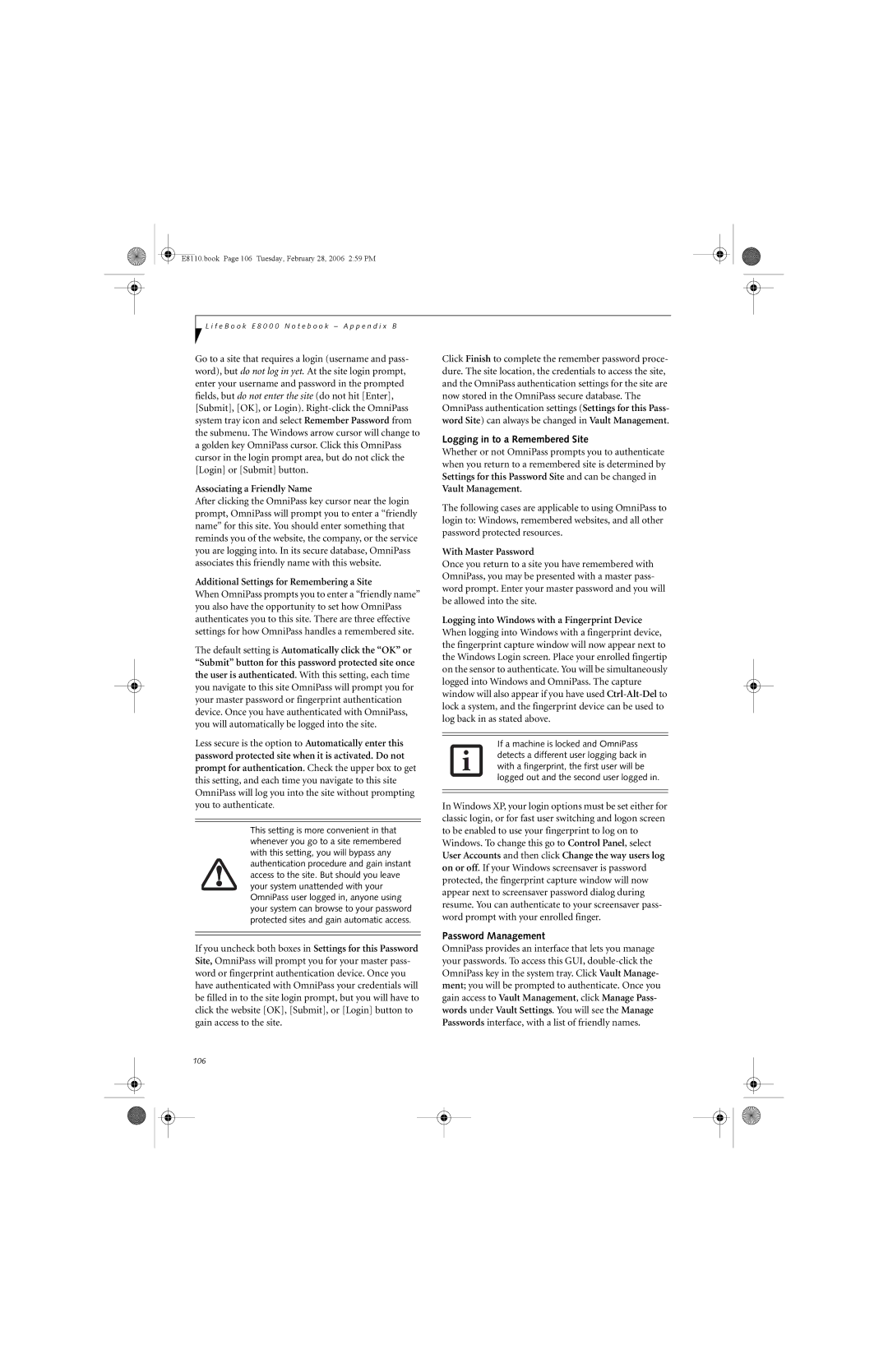 Fujitsu E8110 manual Logging in to a Remembered Site, Password Management 