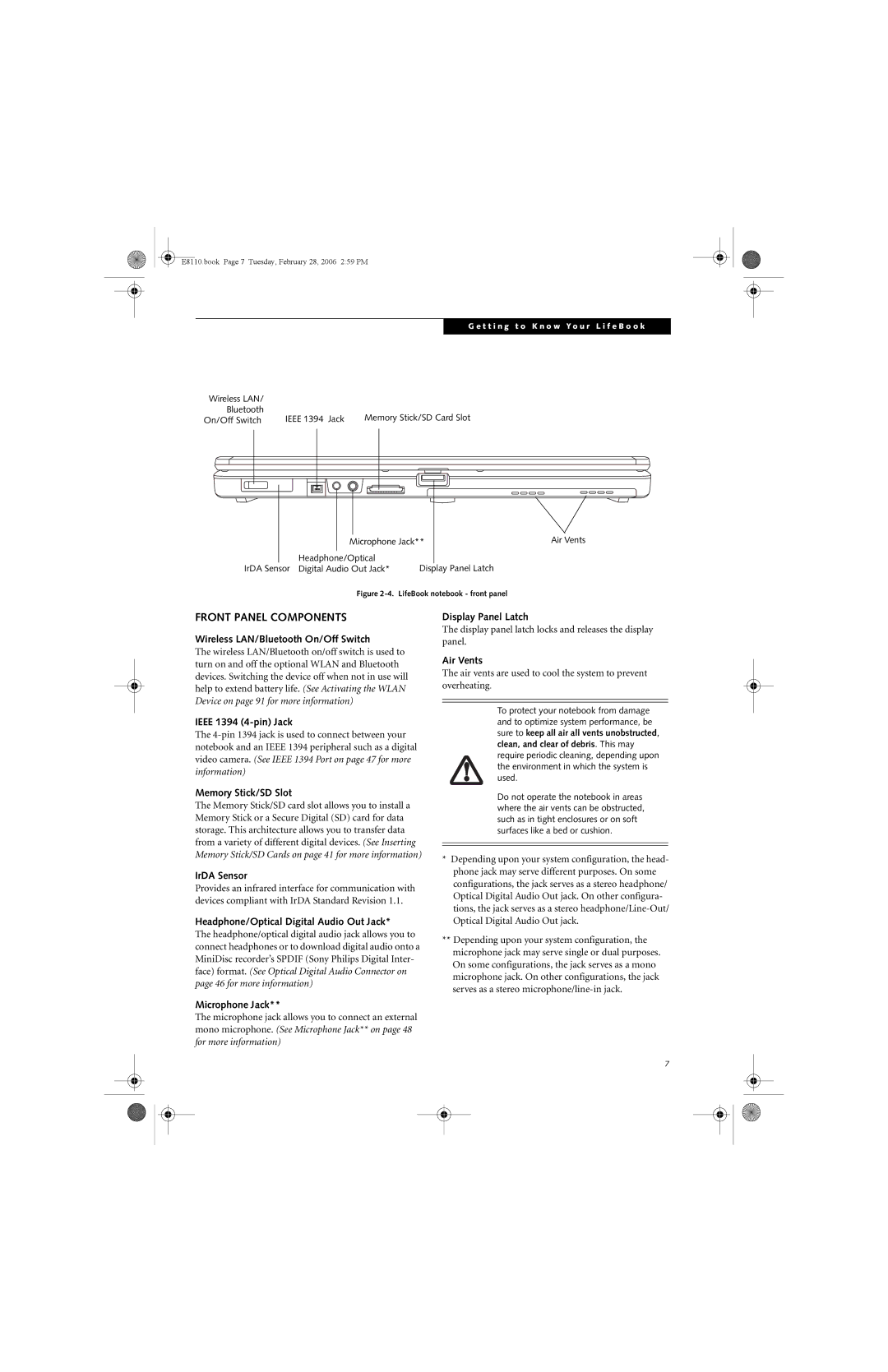 Fujitsu E8110 manual Front Panel Components 