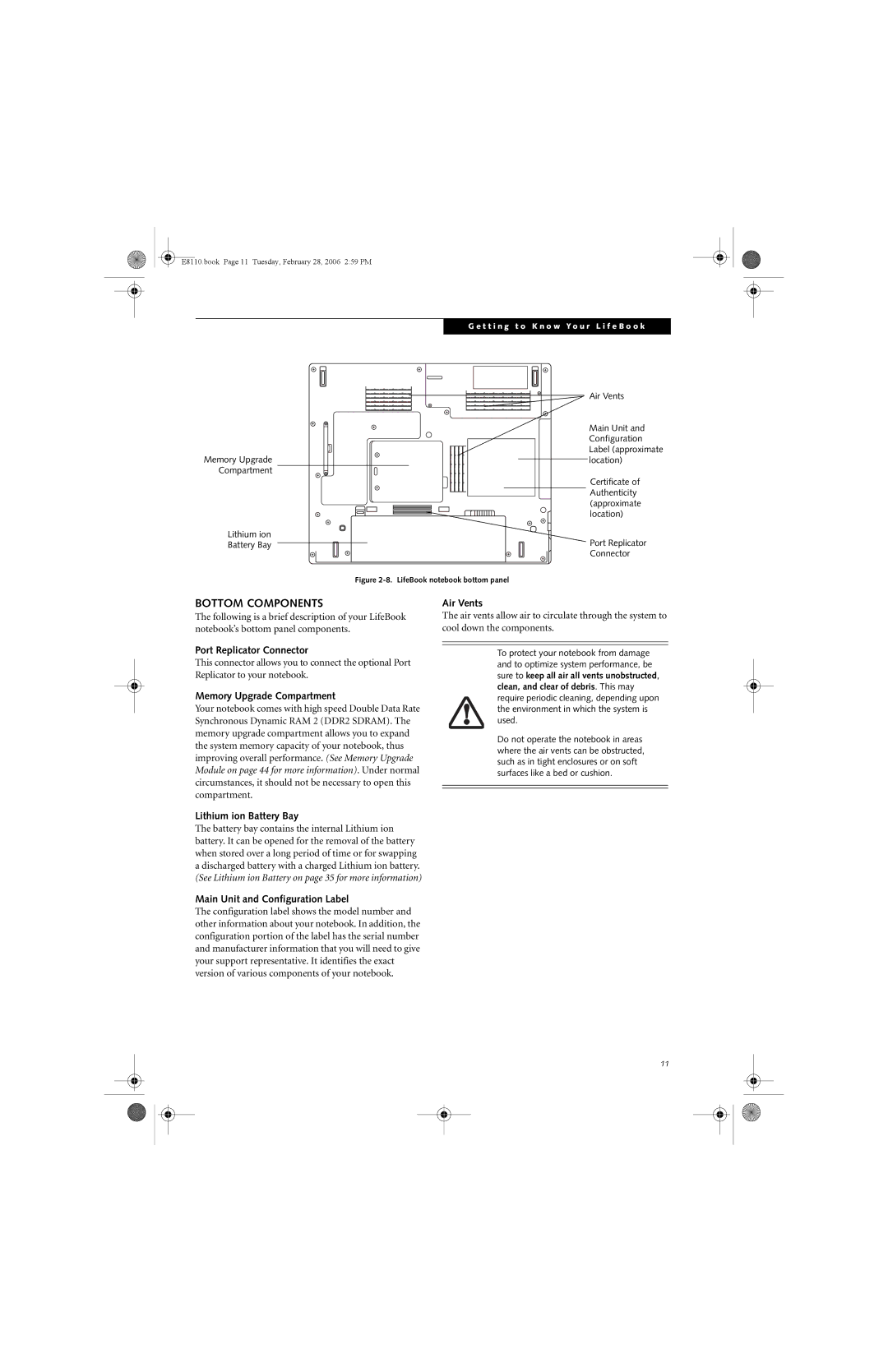 Fujitsu E8110 manual Bottom Components, Port Replicator Connector, Memory Upgrade Compartment, Lithium ion Battery Bay 