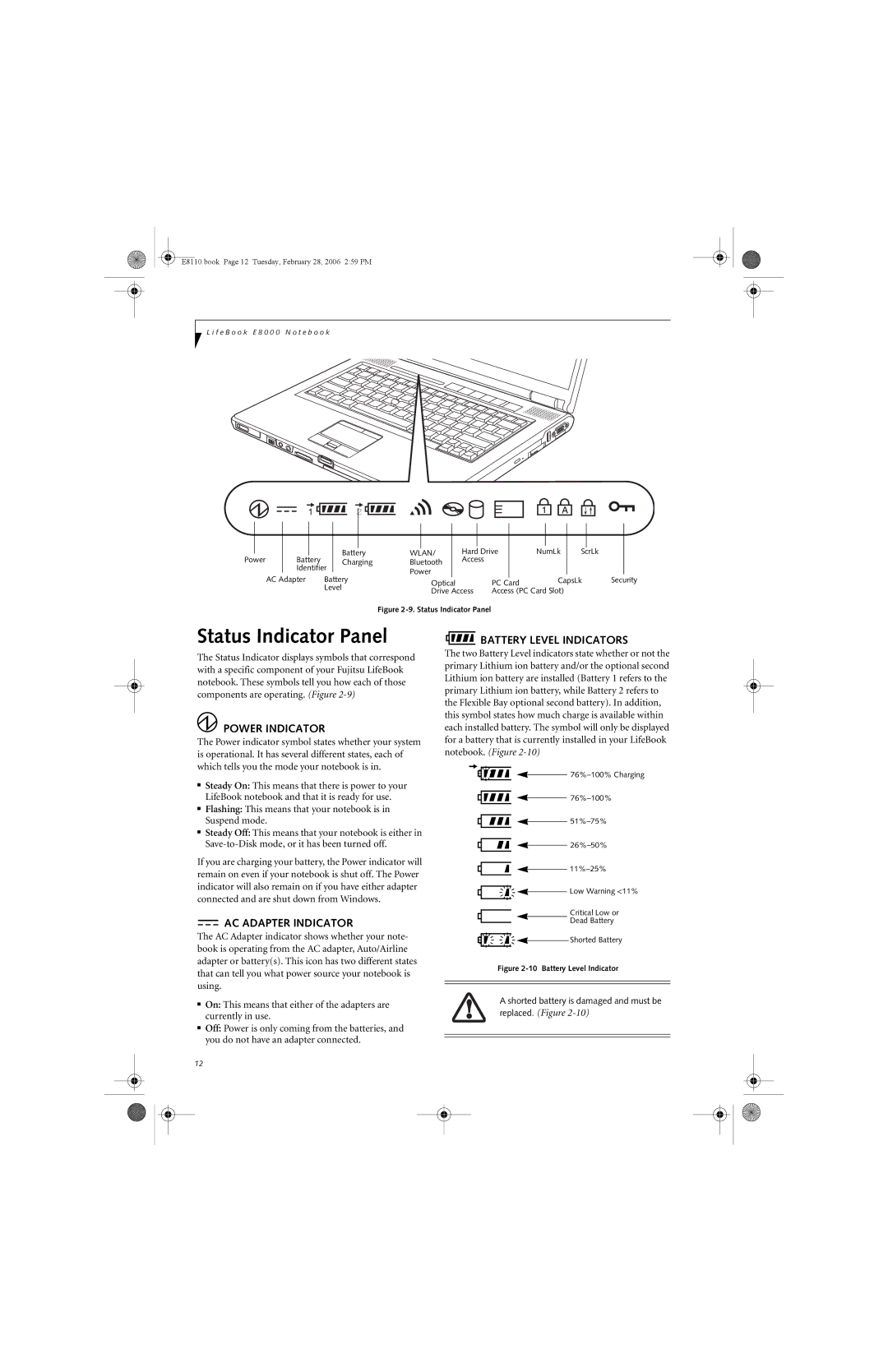 Fujitsu E8110 manual Status Indicator Panel, Power Indicator, AC Adapter Indicator, Battery Level Indicators 