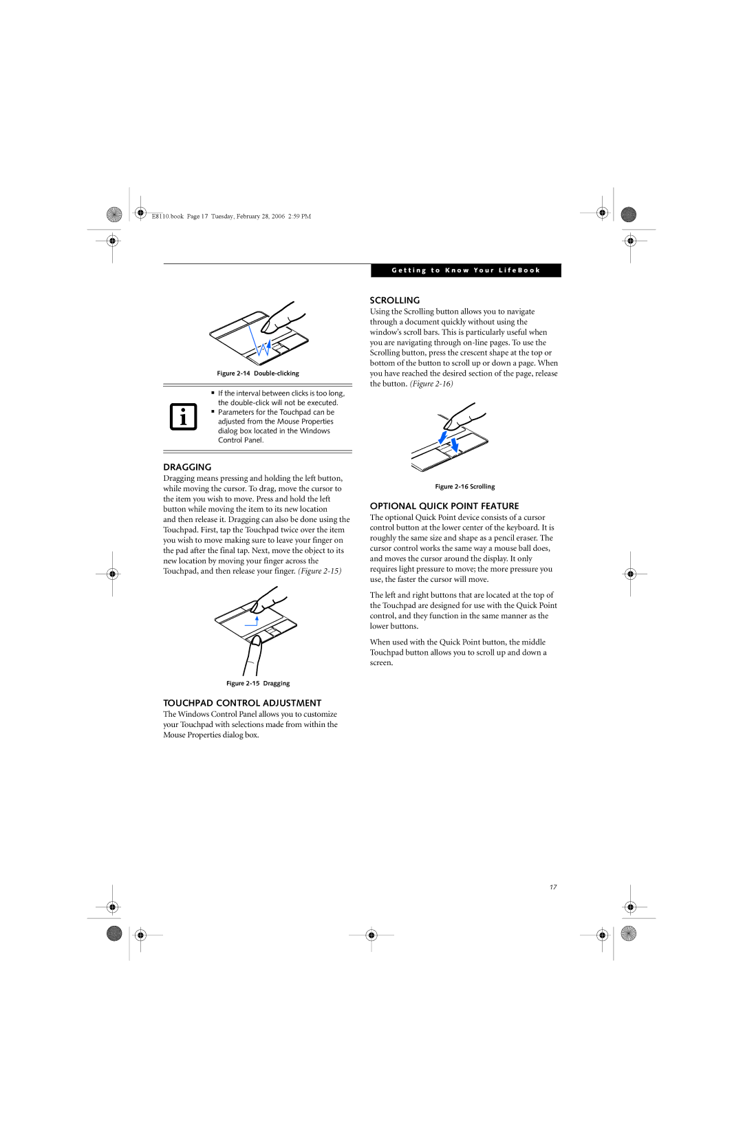 Fujitsu E8110 manual Dragging, Scrolling, Optional Quick Point Feature, Touchpad Control Adjustment 