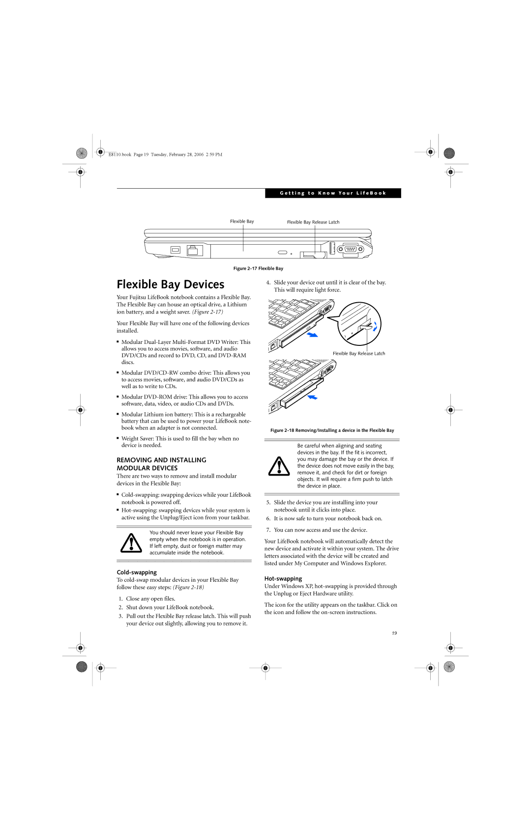 Fujitsu E8110 manual Flexible Bay Devices, Removing and Installing Modular Devices, Cold-swapping, Hot-swapping 