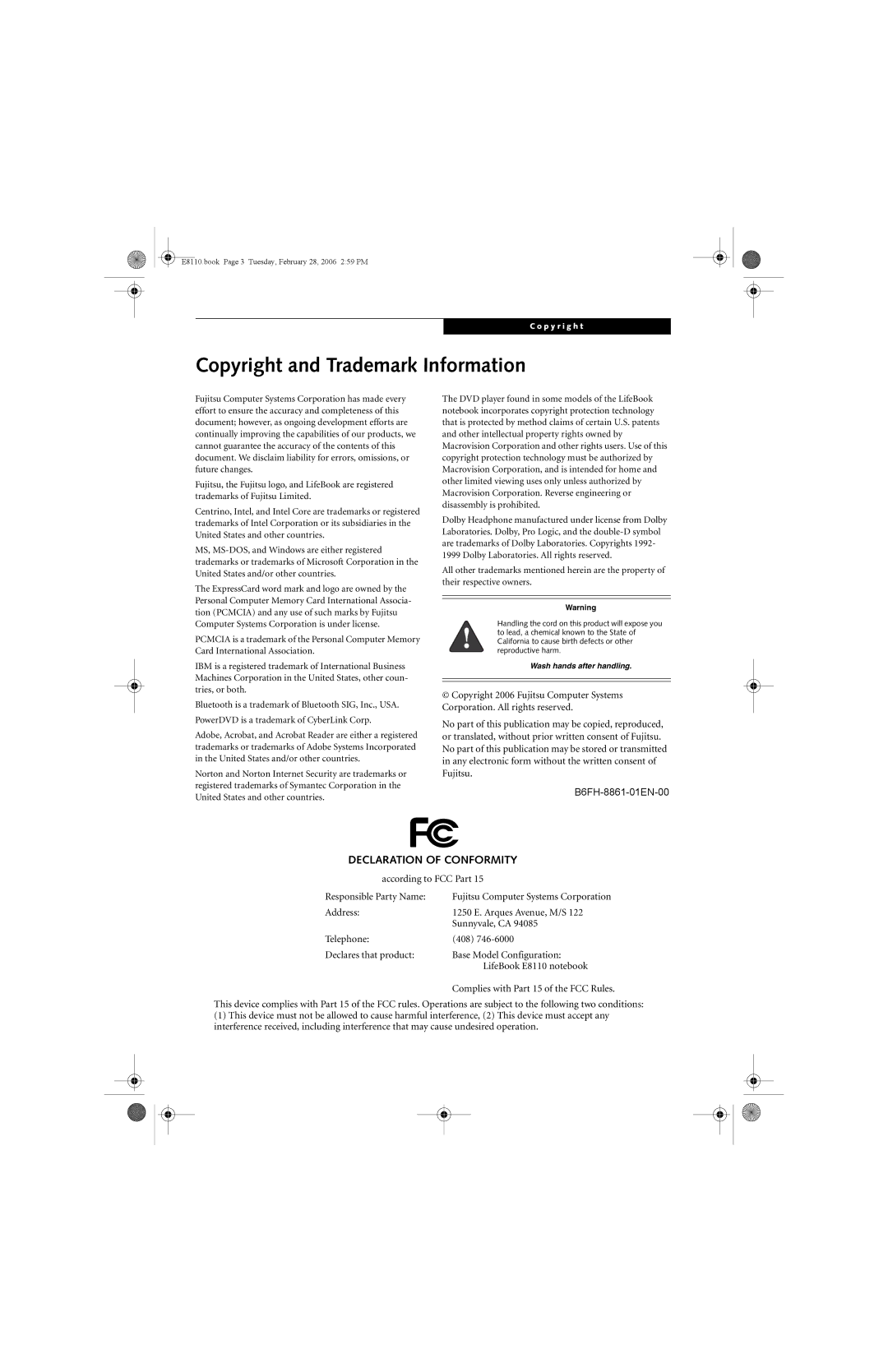 Fujitsu E8110 manual Copyright and Trademark Information, Declaration of Conformity 