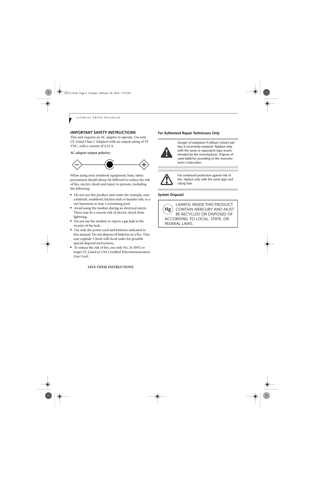 Fujitsu E8110 manual Important Safety Instructions, AC adapter output polarity, For Authorized Repair Technicians Only 