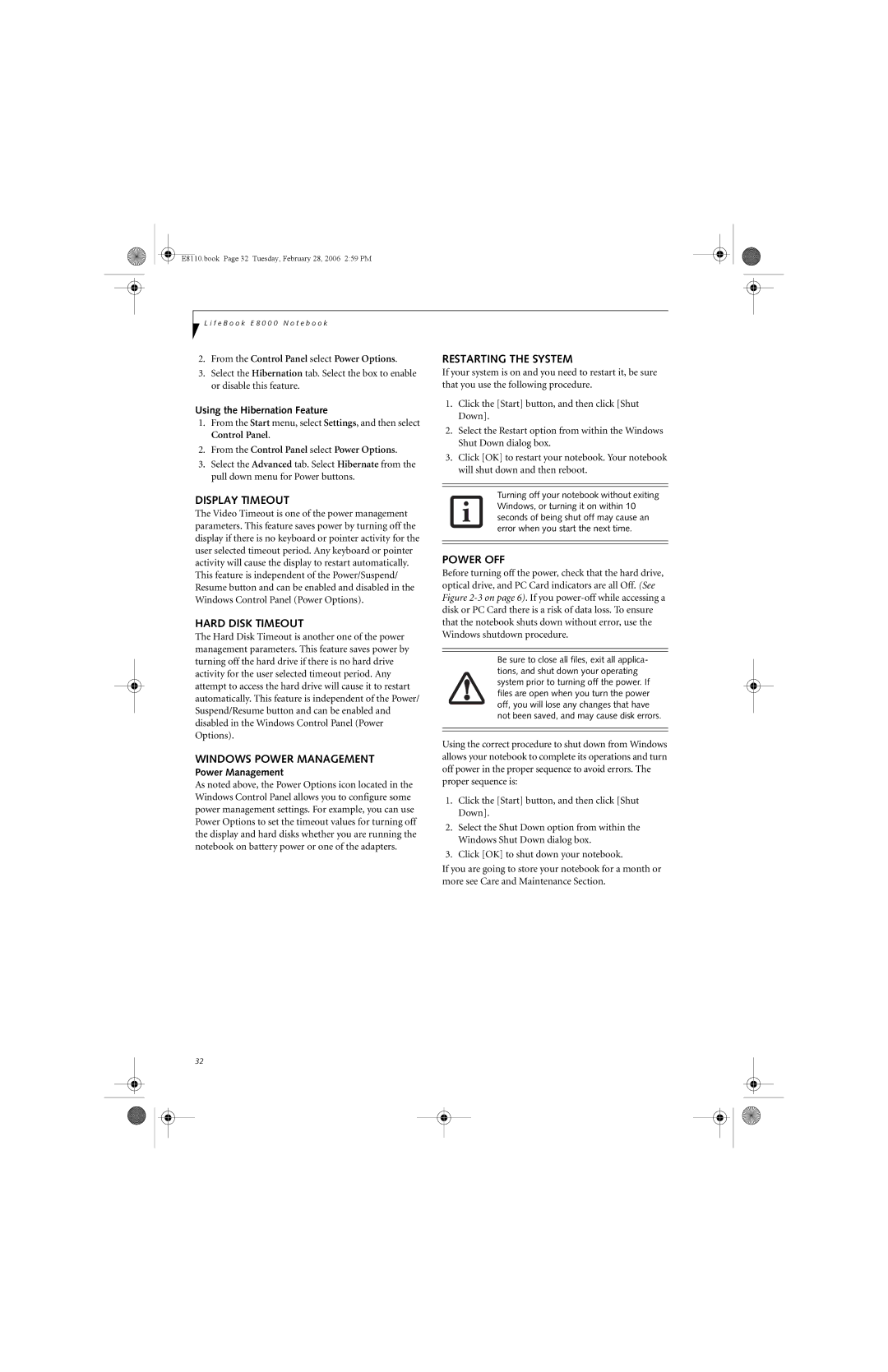 Fujitsu E8110 manual Display Timeout, Hard Disk Timeout, Windows Power Management, Restarting the System, Power OFF 