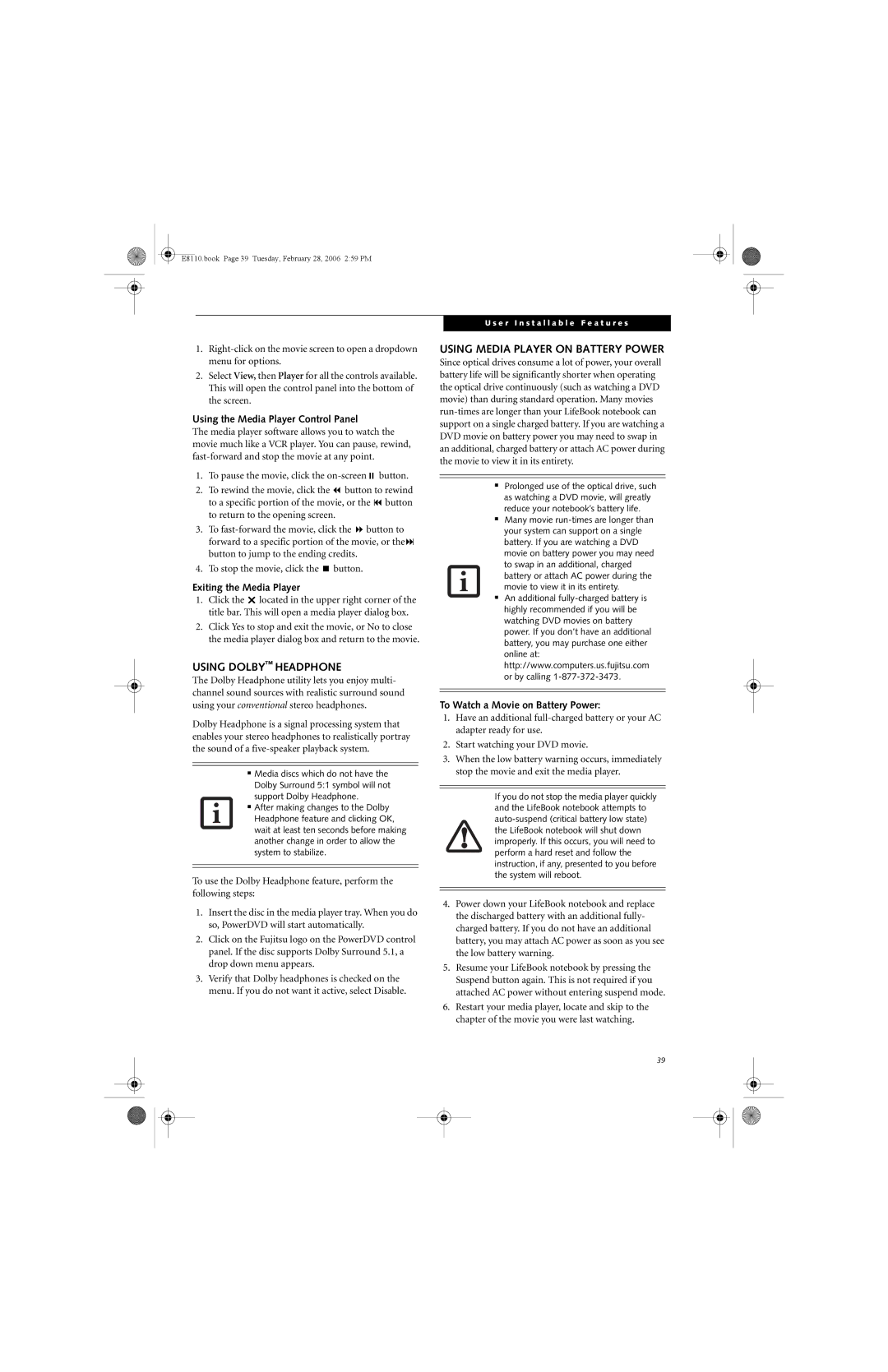 Fujitsu E8110 manual Using Dolby Headphone, Using Media Player on Battery Power, Using the Media Player Control Panel 