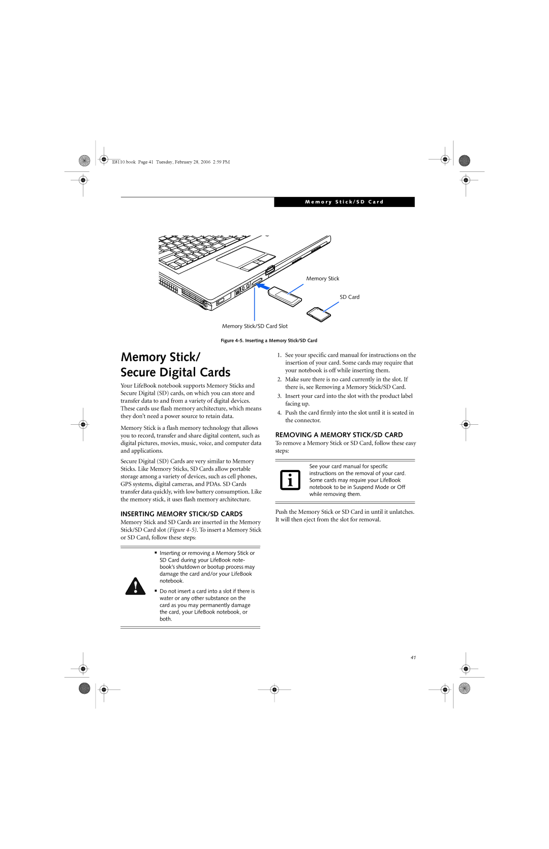 Fujitsu E8110 manual Inserting Memory STICK/SD Cards, Removing a Memory STICK/SD Card 