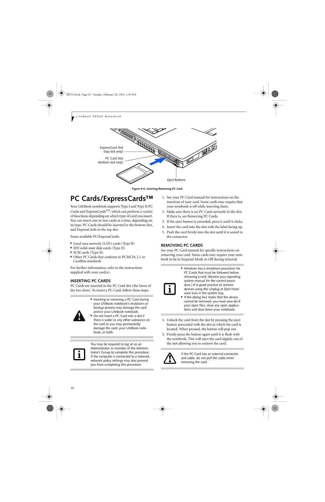 Fujitsu E8110 manual Inserting PC Cards, Removing PC Cards 