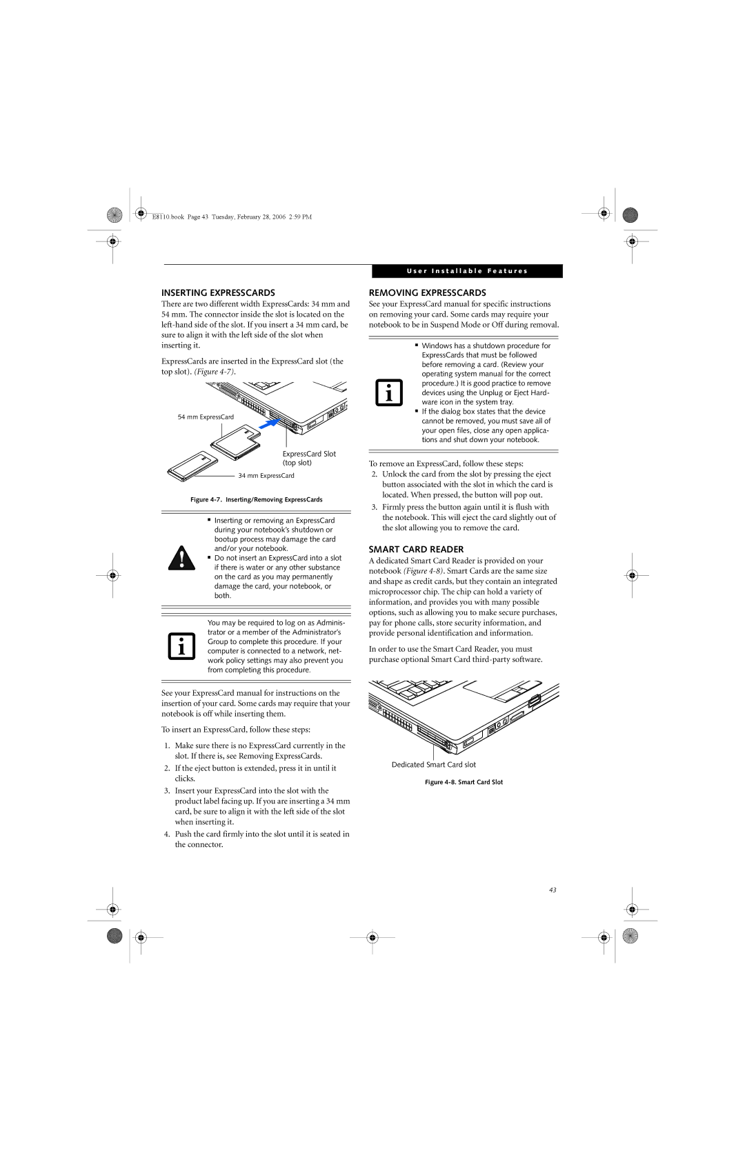 Fujitsu E8110 manual Inserting Expresscards, Removing Expresscards, Smart Card Reader 