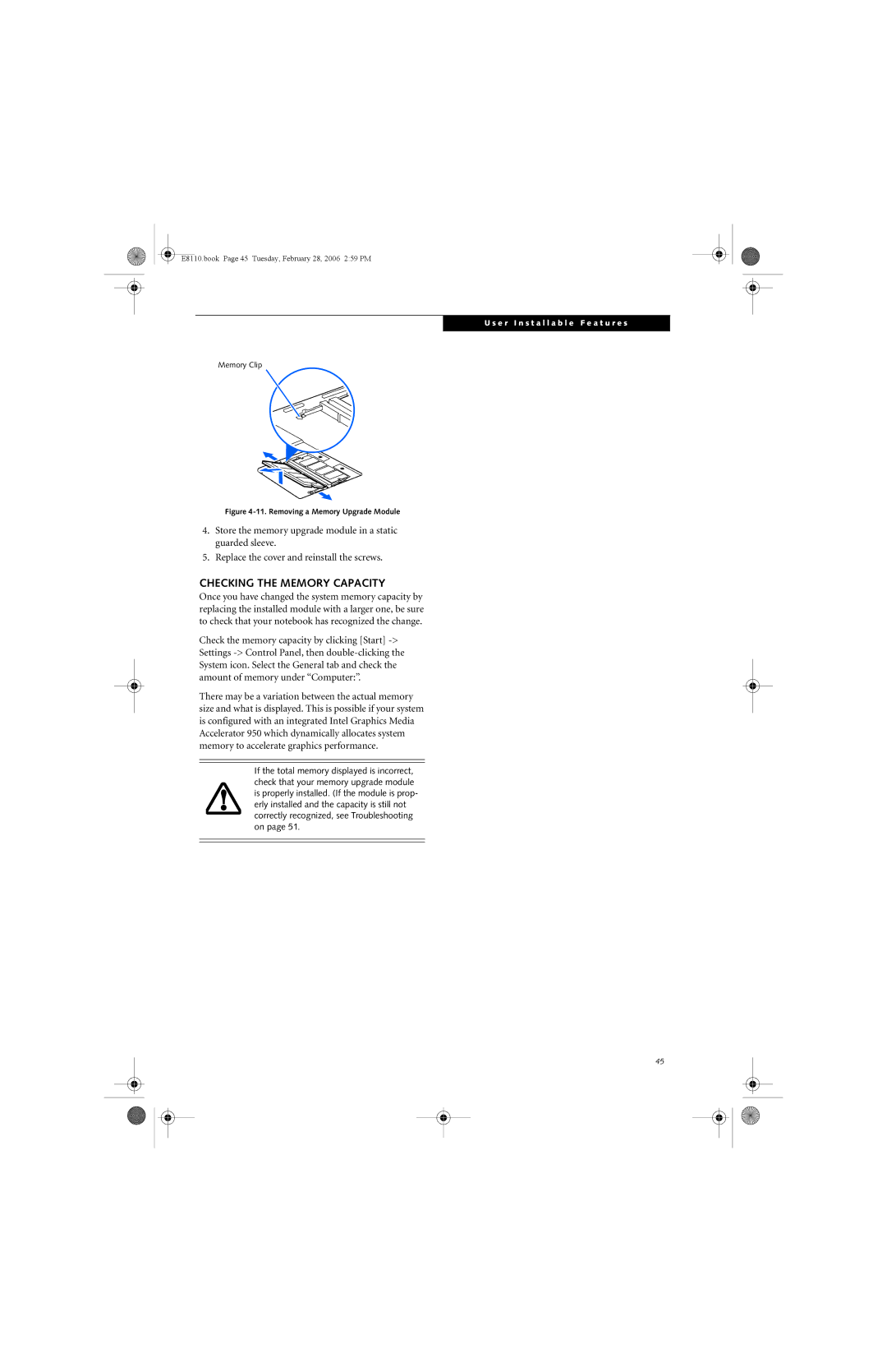 Fujitsu E8110 manual Checking the Memory Capacity, Removing a Memory Upgrade Module 