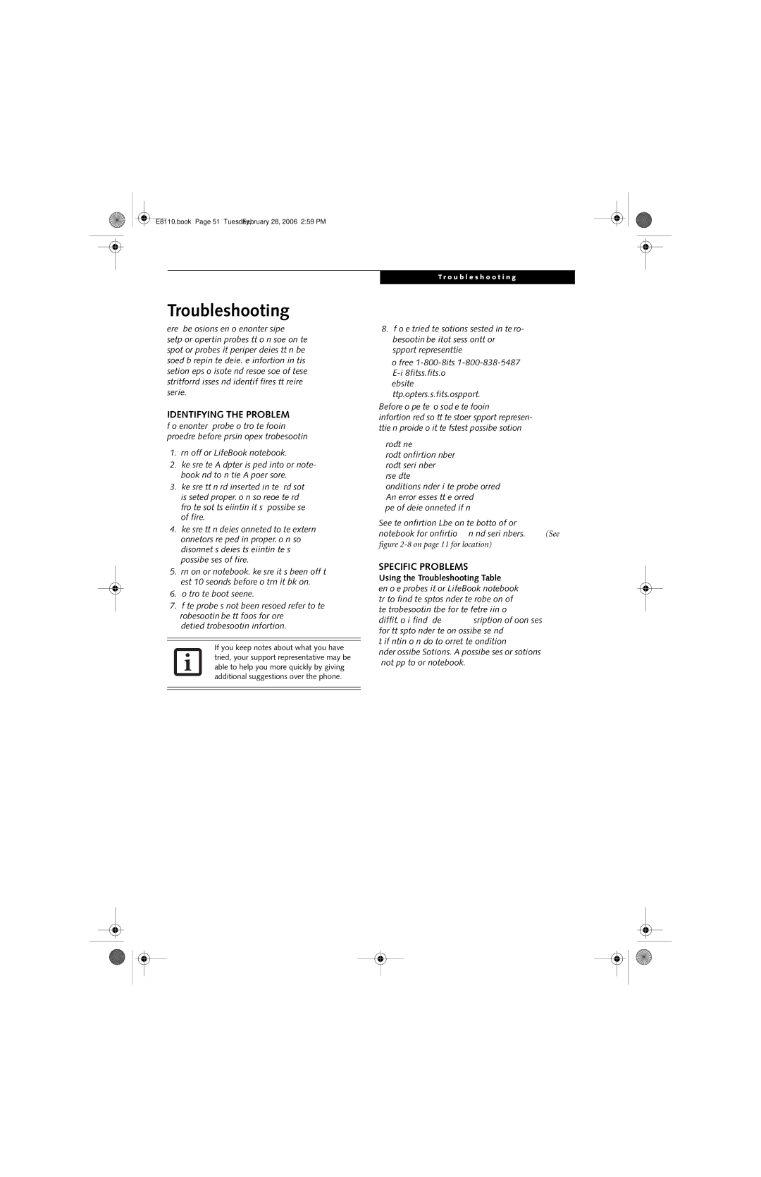 Fujitsu E8110 manual Identifying the Problem, Specific Problems, Using the Troubleshooting Table 