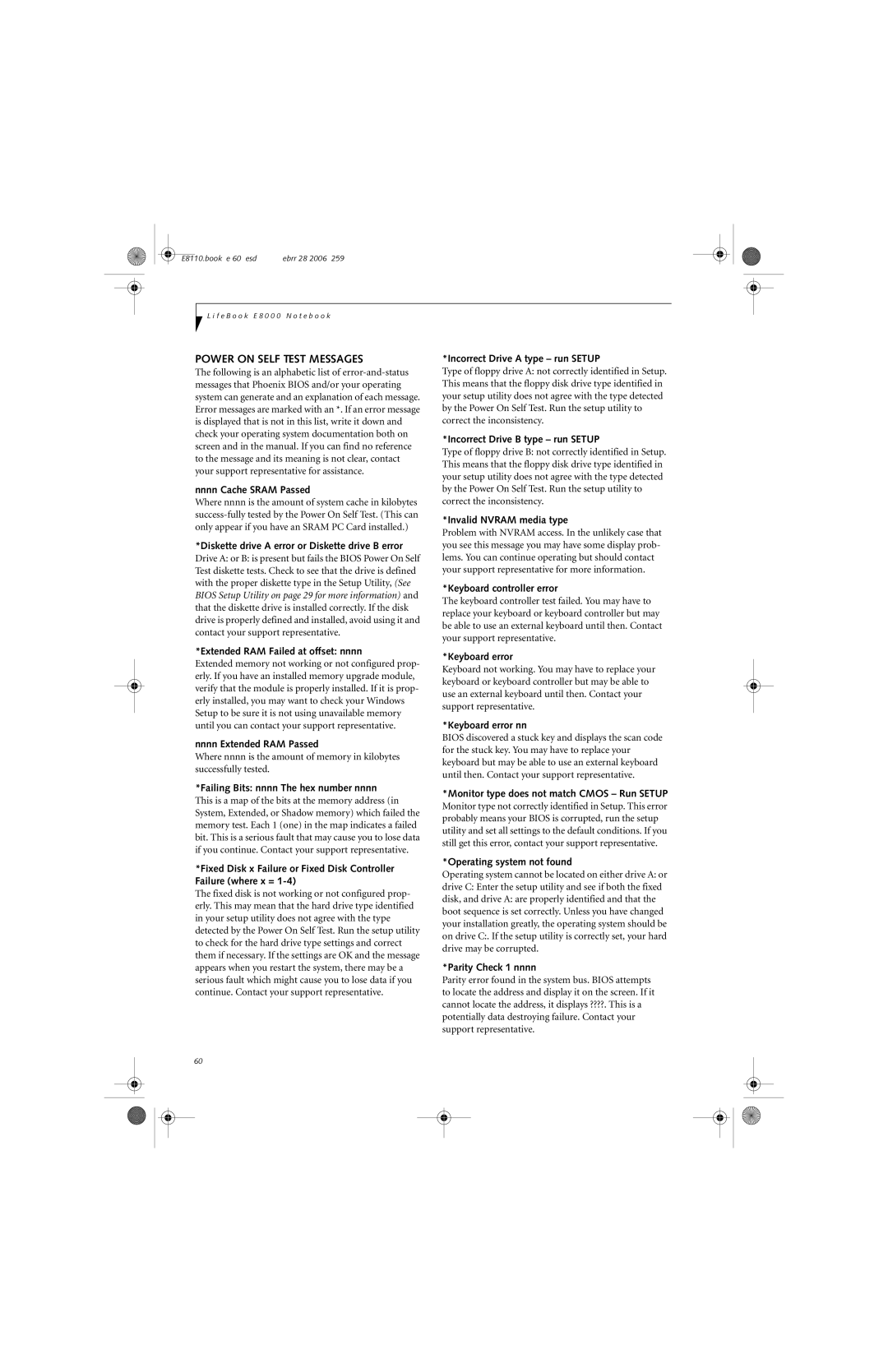 Fujitsu E8110 manual Power on Self Test Messages 