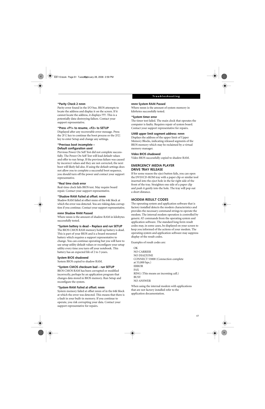 Fujitsu E8110 manual Emergency Media Player Drive Tray Release, Modem Result Codes 