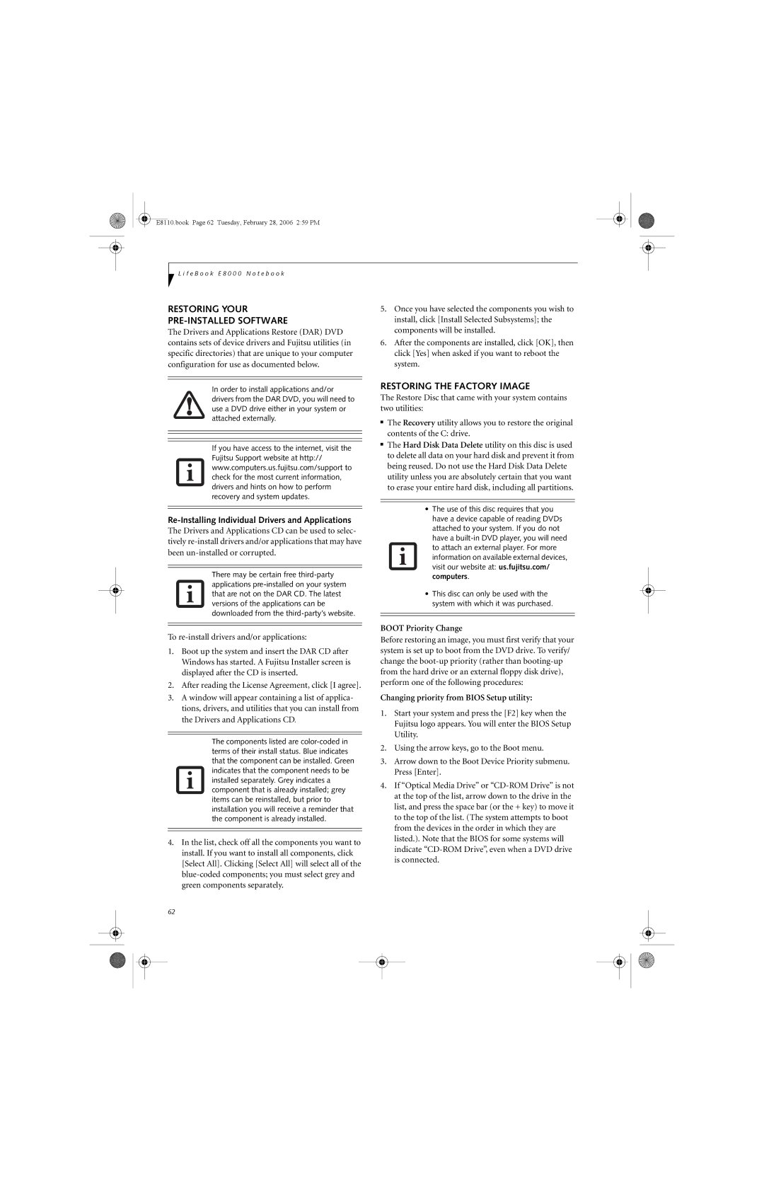 Fujitsu E8110 manual Restoring Your PRE-INSTALLED Software, Restoring the Factory Image, Boot Priority Change 