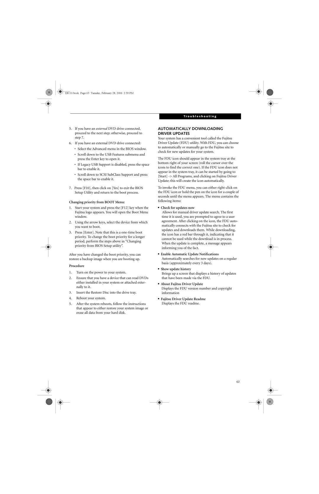 Fujitsu E8110 Automatically Downloading Driver Updates, Changing priority from Boot Menu, Procedure, Check for updates now 