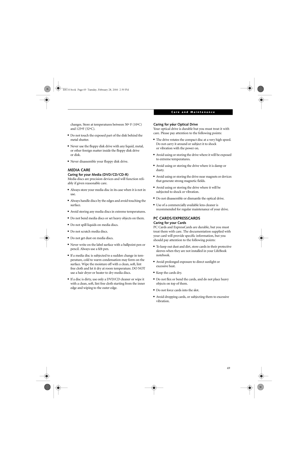 Fujitsu E8110 manual Media Care, Pc Cards/Expresscards, Caring for your Media DVD/CD/CD-R, Caring for your/ Optical Drive 