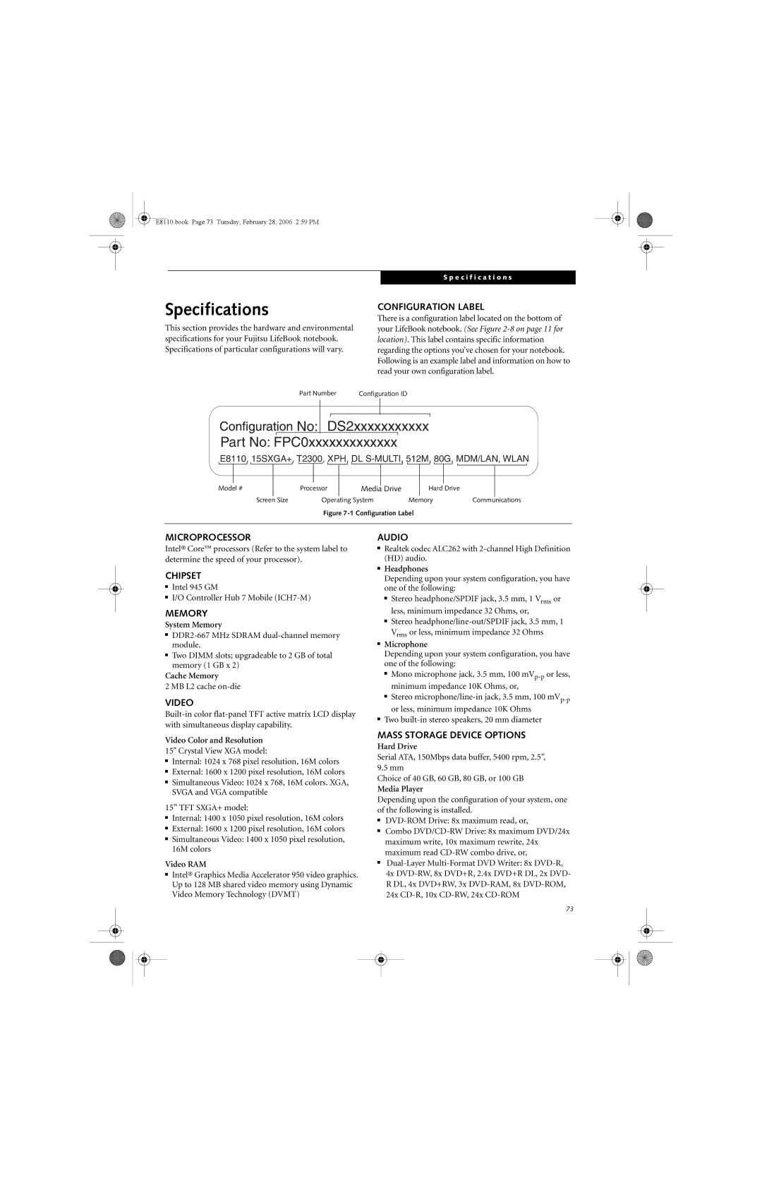 Fujitsu E8110 manual Specifications 