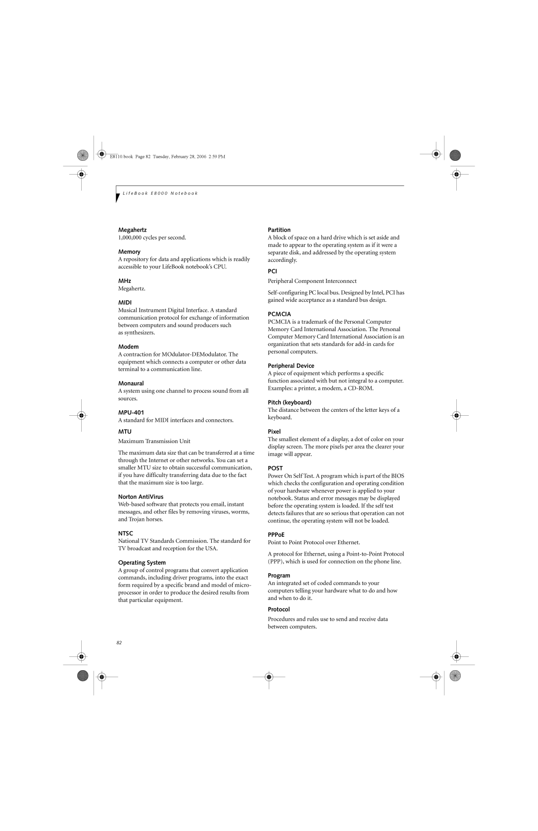 Fujitsu E8110 manual Megahertz, Memory, MHz, Modem, Monaural, MPU-401, Norton AntiVirus, Operating System, Partition, Pixel 