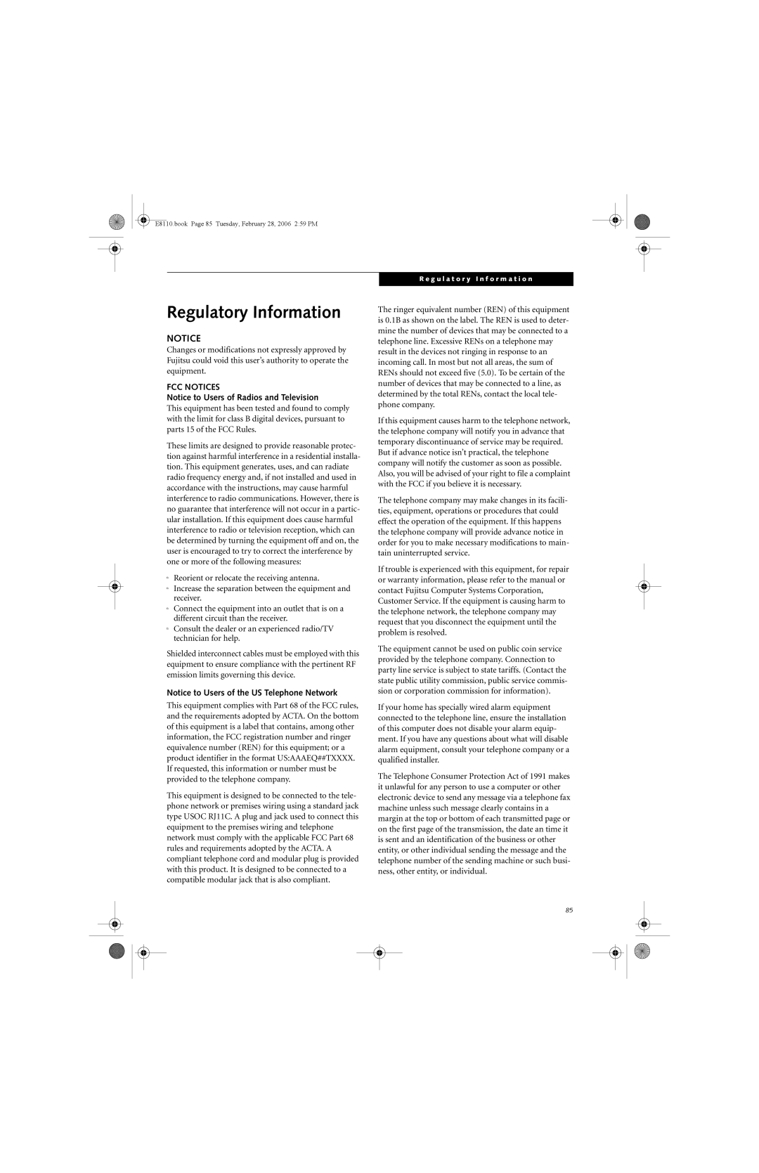 Fujitsu E8110 manual Regulatory Information, FCC Notices 