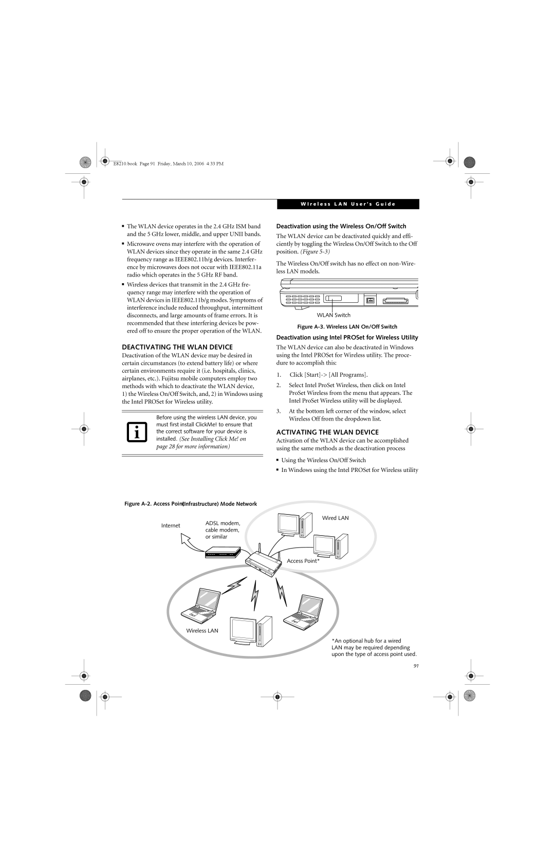 Fujitsu E8210 Deactivating the Wlan Device, Activating the Wlan Device, Deactivation using the Wireless On/Off Switch 