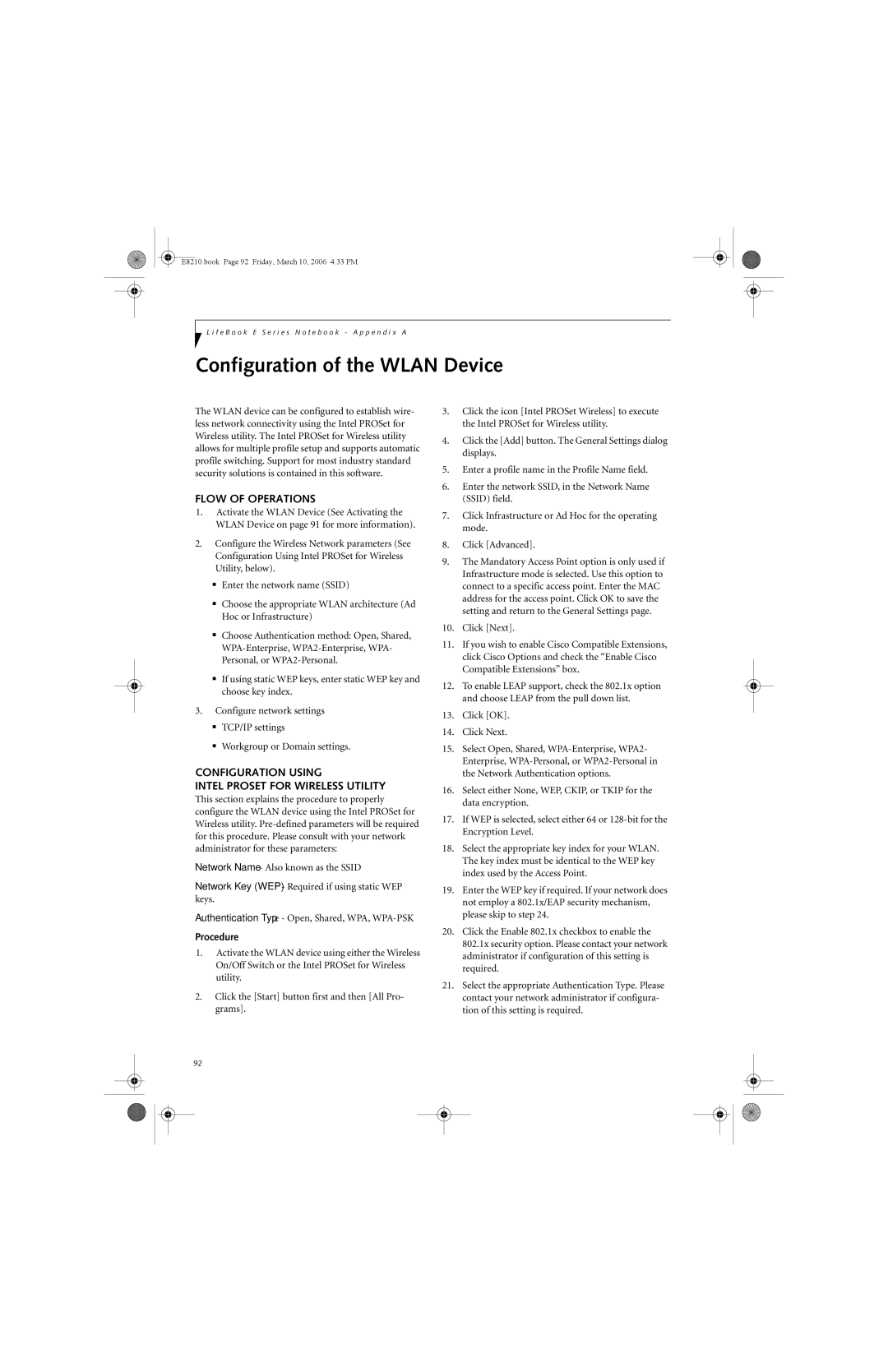 Fujitsu E8210 Configuration of the Wlan Device, Flow of Operations, Configuration Using Intel Proset for Wireless Utility 