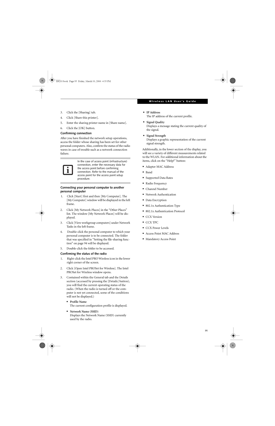 Fujitsu E8210 manual Confirming connection, Confirming the status of the radio 