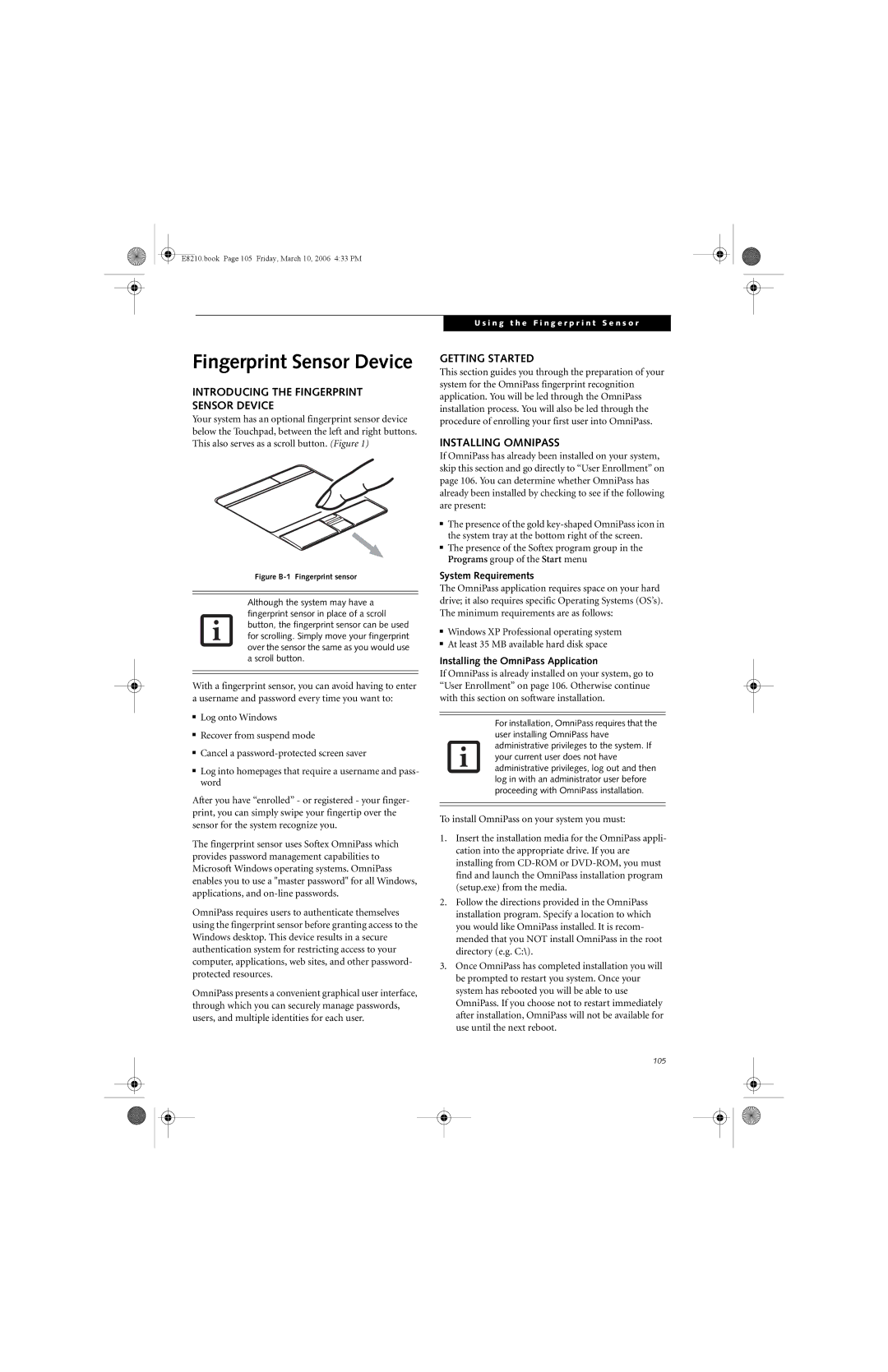 Fujitsu E8210 manual Introducing the Fingerprint Sensor Device, Getting Started, Installing Omnipass, System Requirements 