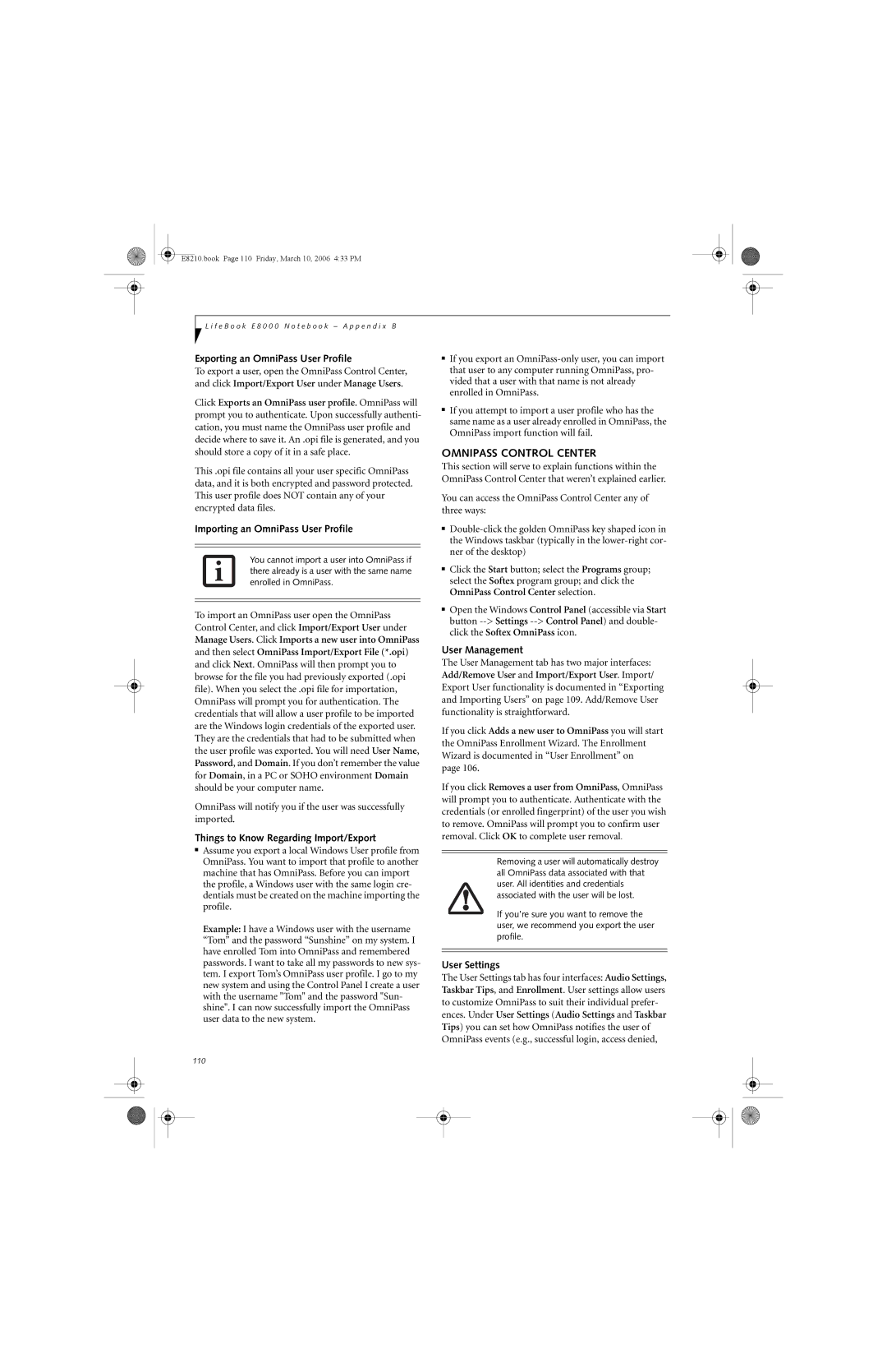 Fujitsu E8210 manual Omnipass Control Center 