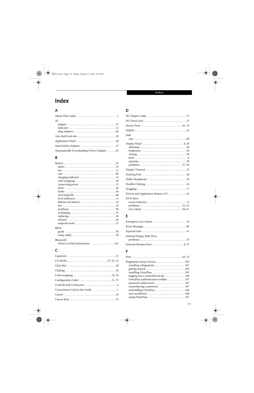 Fujitsu E8210 manual Index, Bios 