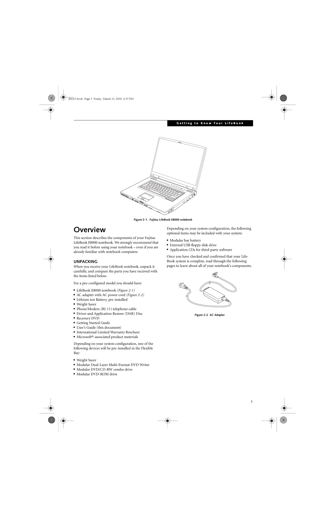 Fujitsu E8210 manual Overview, Unpacking 