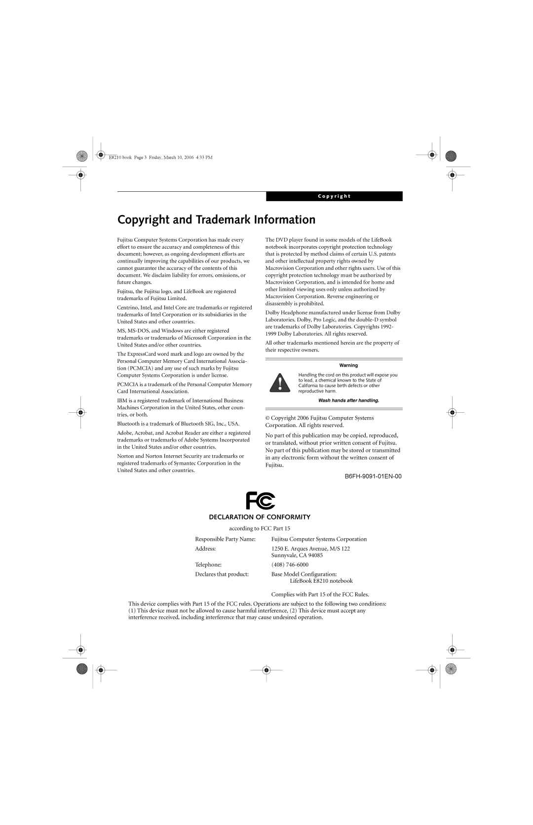 Fujitsu E8210 manual Copyright and Trademark Information, Declaration of Conformity 