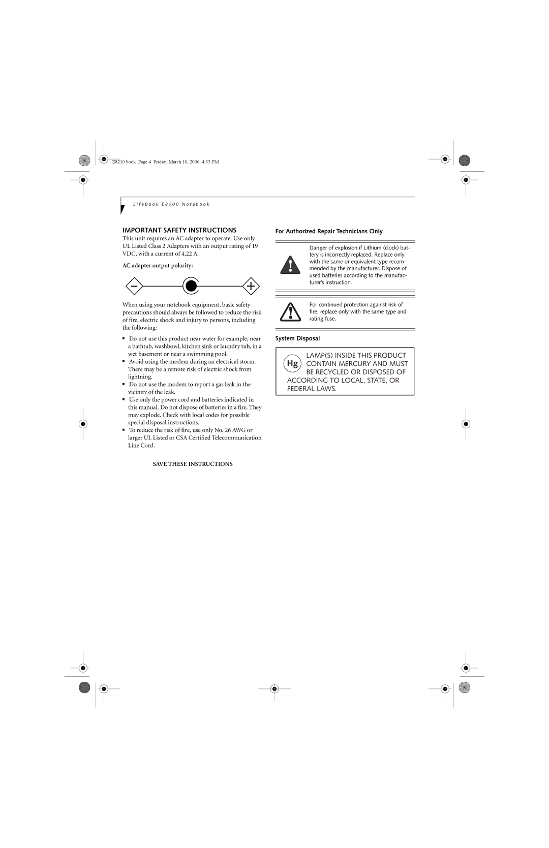 Fujitsu E8210 manual Important Safety Instructions, AC adapter output polarity, For Authorized Repair Technicians Only 