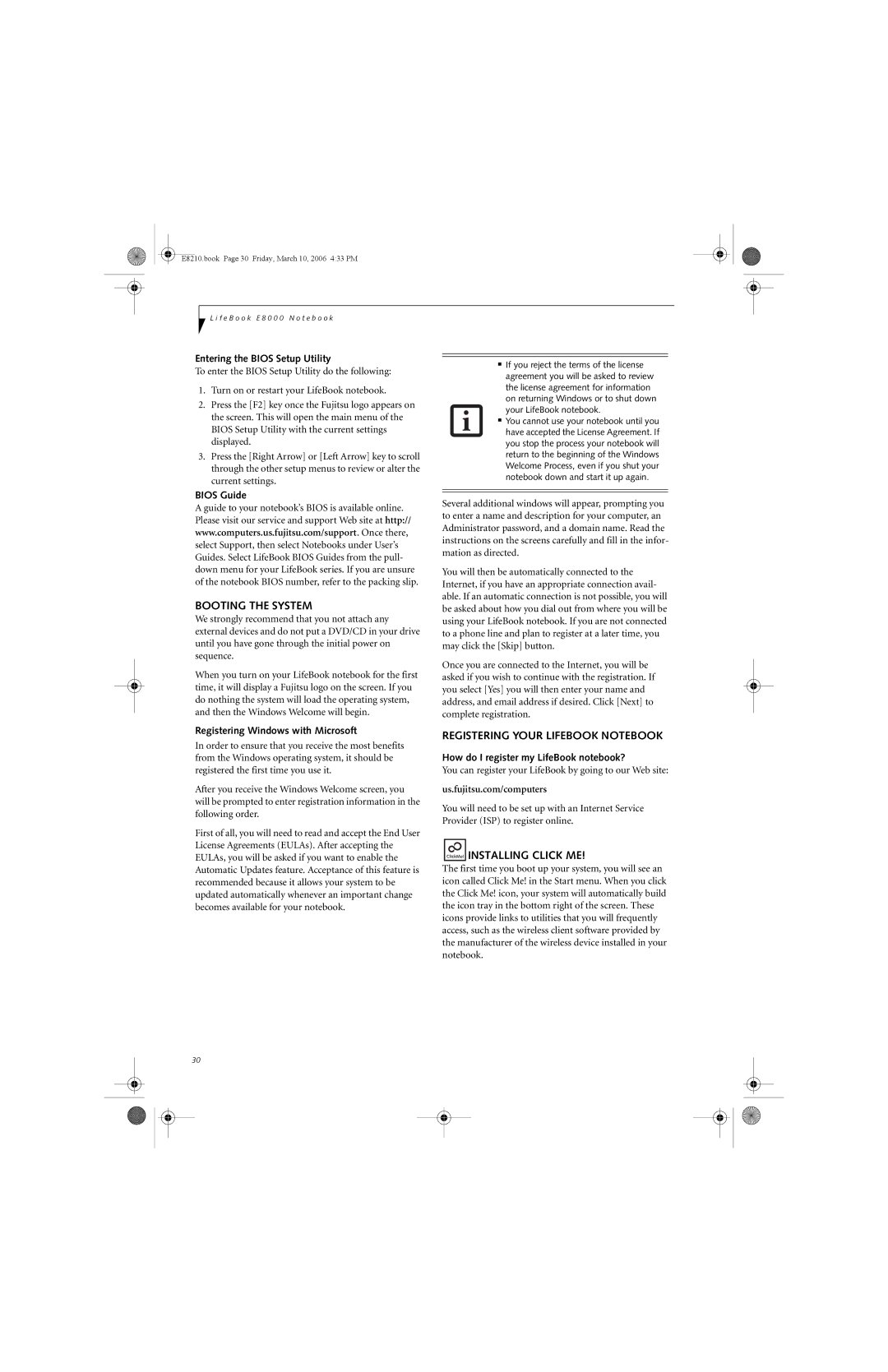 Fujitsu E8210 manual Booting the System, Registering Your Lifebook Notebook 