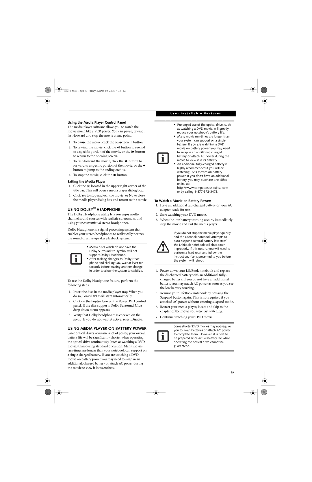 Fujitsu E8210 manual Using Dolby Headphone, Using Media Player on Battery Power, Using the Media Player Control Panel 