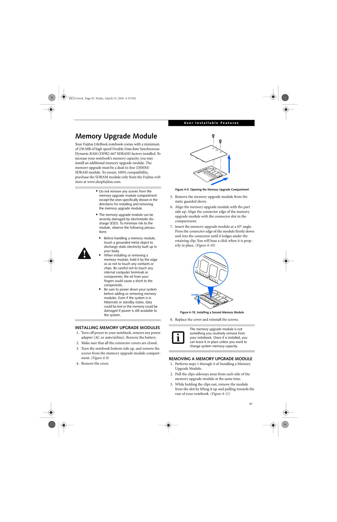 Fujitsu E8210 manual Installing Memory Upgrade Modules, Removing a Memory Upgrade Module 