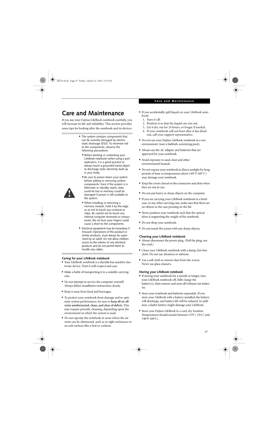 Fujitsu E8210 manual Care and Maintenance, Caring for your LifeBook notebook, Cleaning your LifeBook notebook 