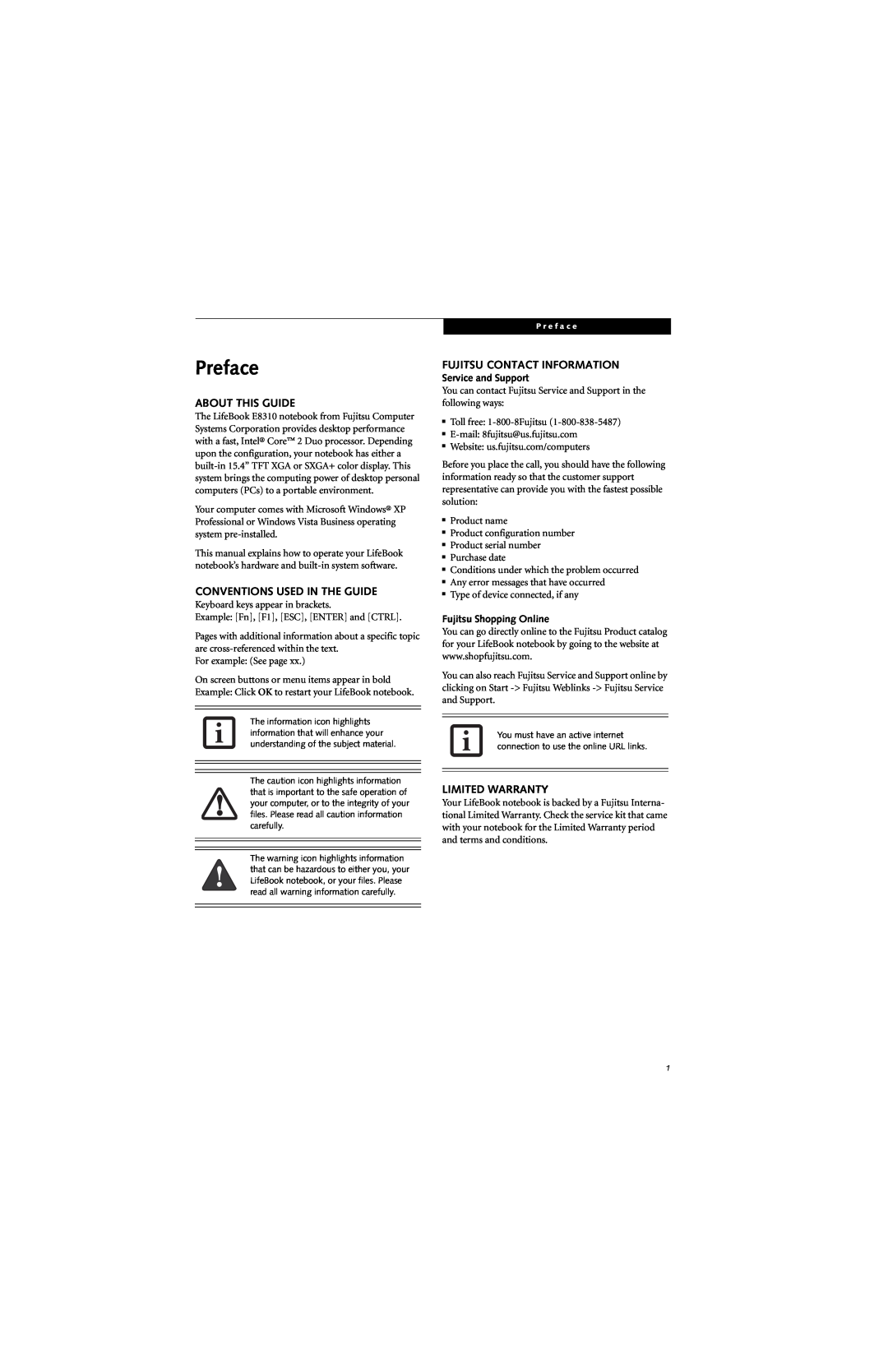 Fujitsu E8310 Preface, About This Guide, Conventions Used In The Guide, Fujitsu Contact Information, Limited Warranty 