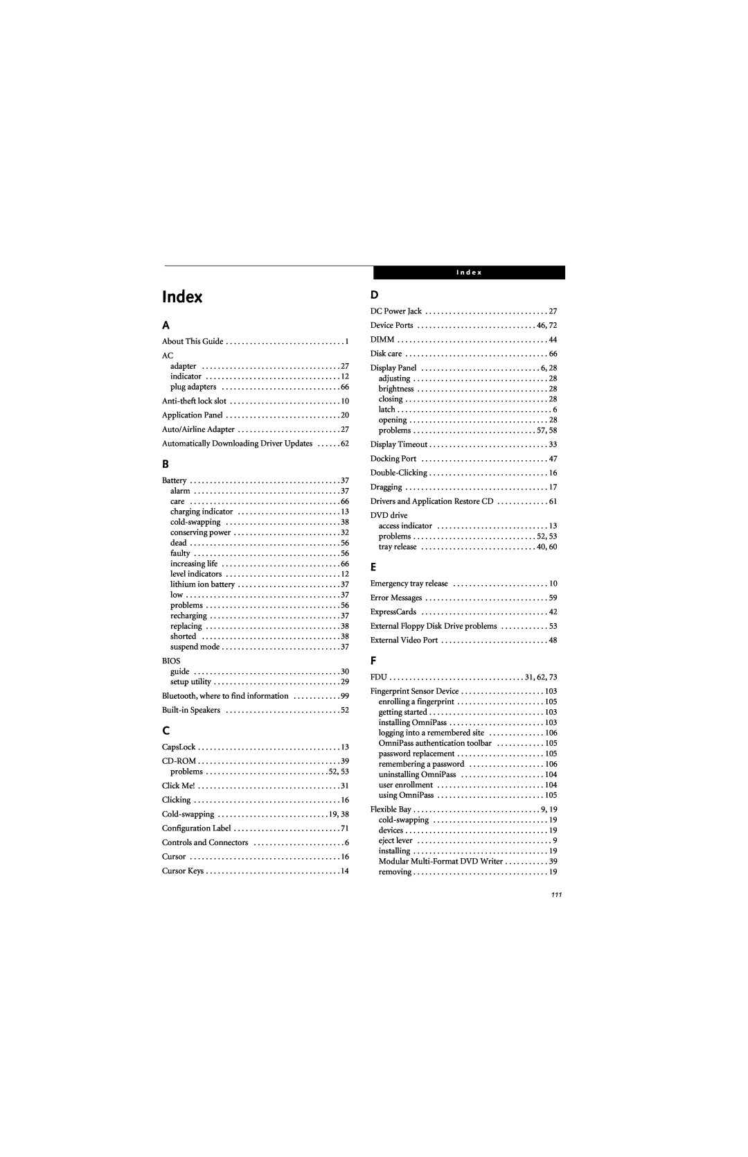 Fujitsu E8310 manual Index 