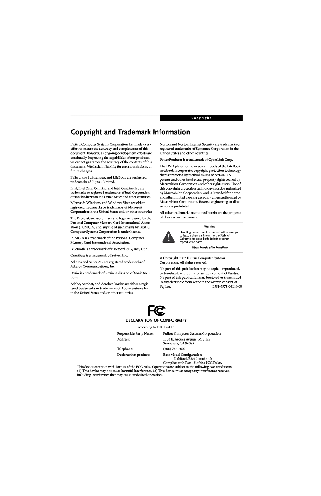 Fujitsu E8310 manual Copyright and Trademark Information, Declaration Of Conformity 
