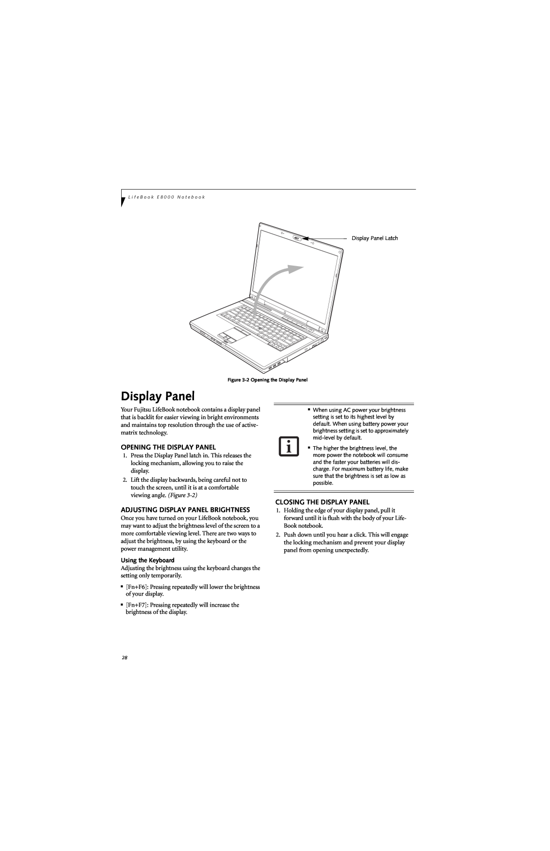 Fujitsu E8310 manual Opening The Display Panel, Adjusting Display Panel Brightness, Closing The Display Panel 