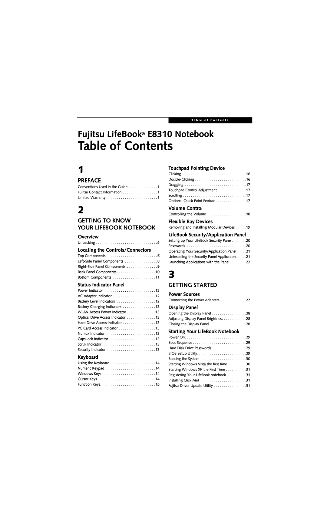 Fujitsu E8310 Table of Contents, Preface, Getting To Know Your Lifebook Notebook, Getting Started, Overview, Keyboard 