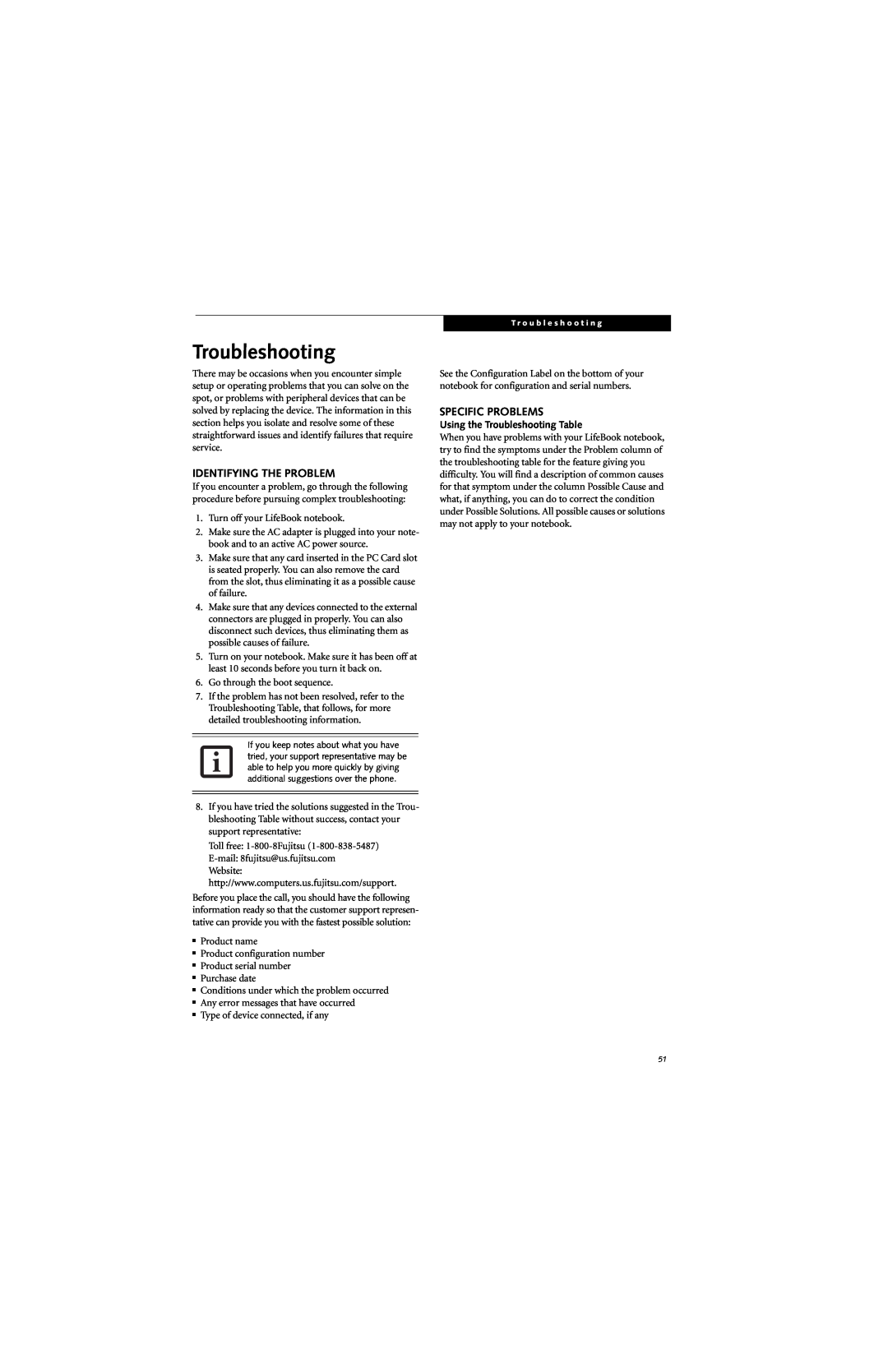 Fujitsu E8310 manual Identifying The Problem, Specific Problems, Using the Troubleshooting Table 